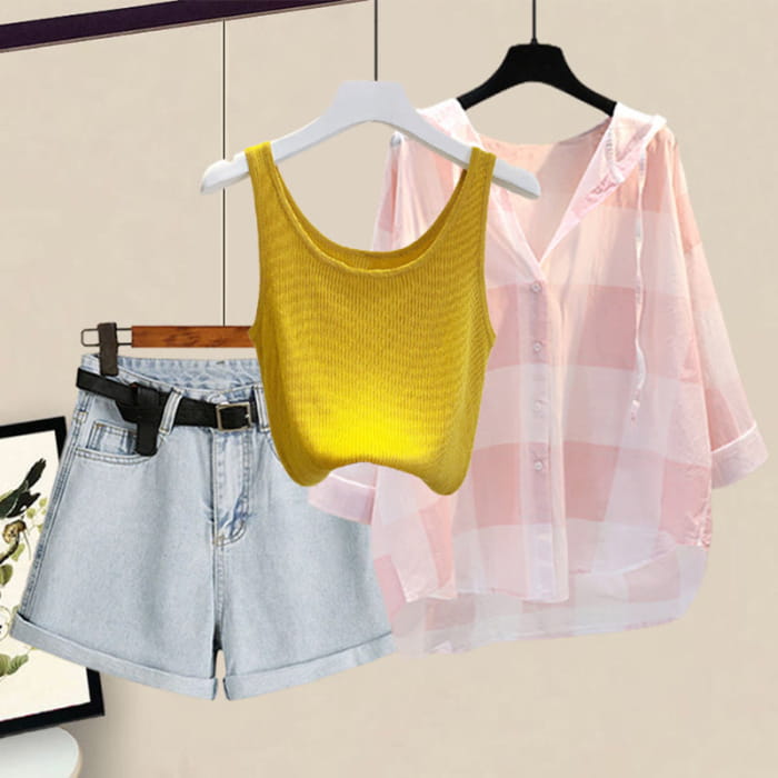 Sweet Cami Top Cardigan Pure Color Shorts - Set K / M