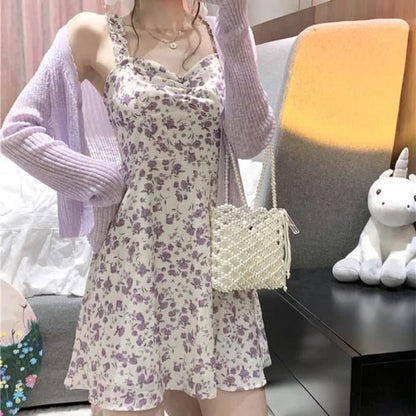 Sweet Cardigan Floral Print Slip Dress Set