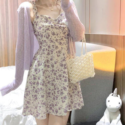 Sweet Cardigan Floral Print Slip Dress Set