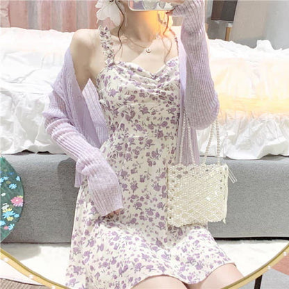 Sweet Cardigan Floral Print Slip Dress Set