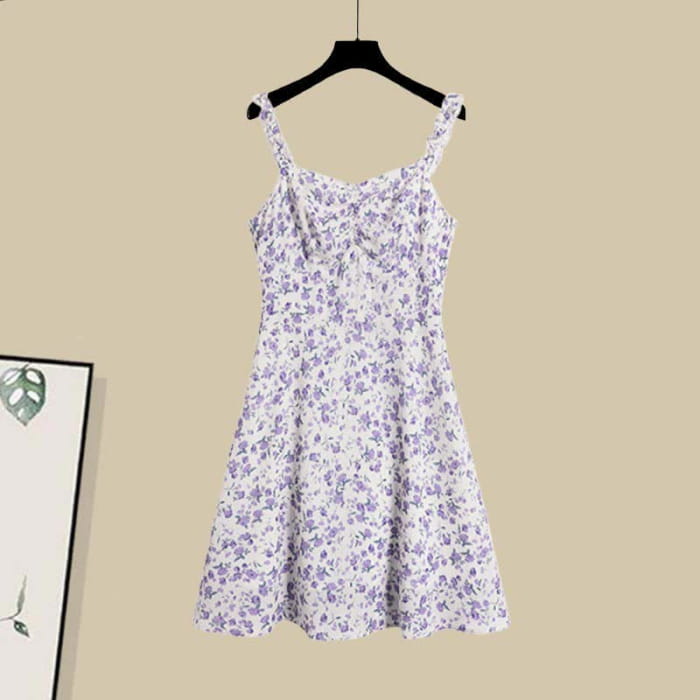 Sweet Cardigan Floral Print Slip Dress Set - M