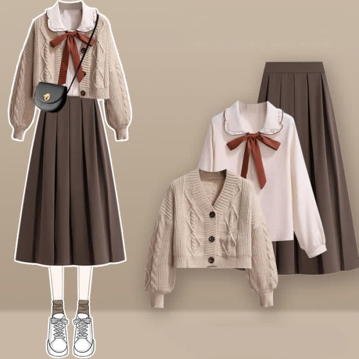 Sweet Cardigan Sweater Bow Tie Shirt Pleated Skirt Set