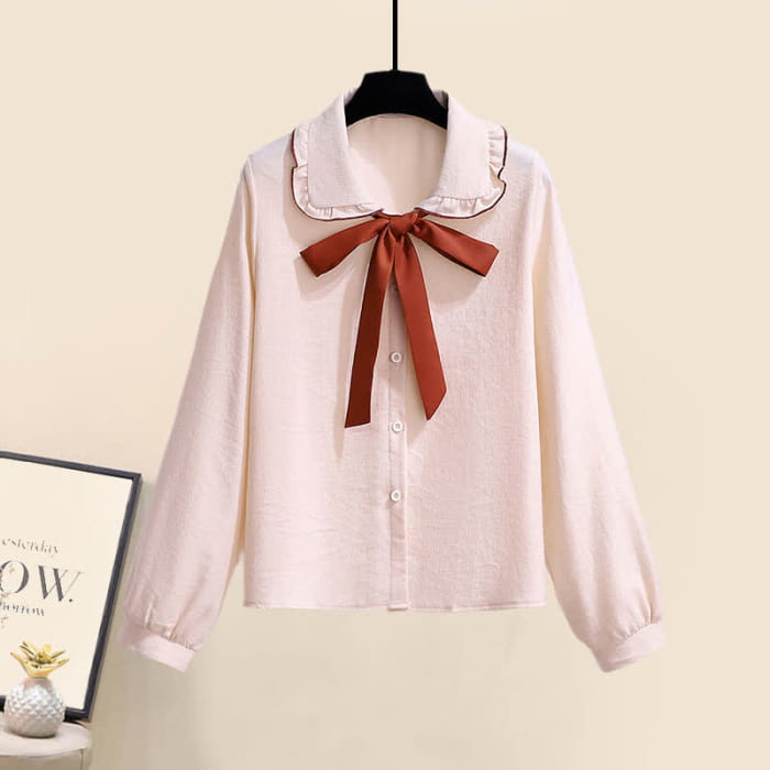 Sweet Cardigan Sweater Bow Tie Shirt Pleated Skirt Set - M