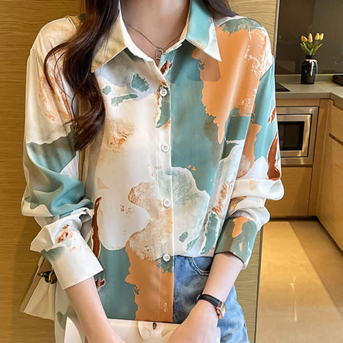Sweet Colorblock Abstract Print Shirt Workwear