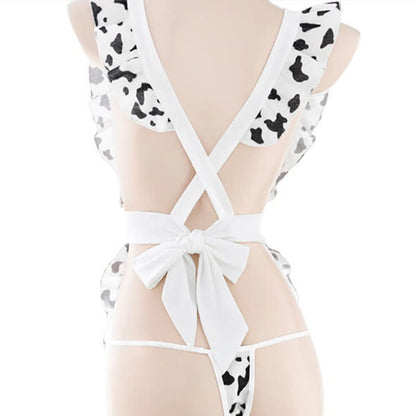 Sweet Cow Print Ruffled Maid Apron Lingerie - Black&White