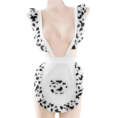 Sweet Cow Print Ruffled Maid Apron Lingerie - Black&White