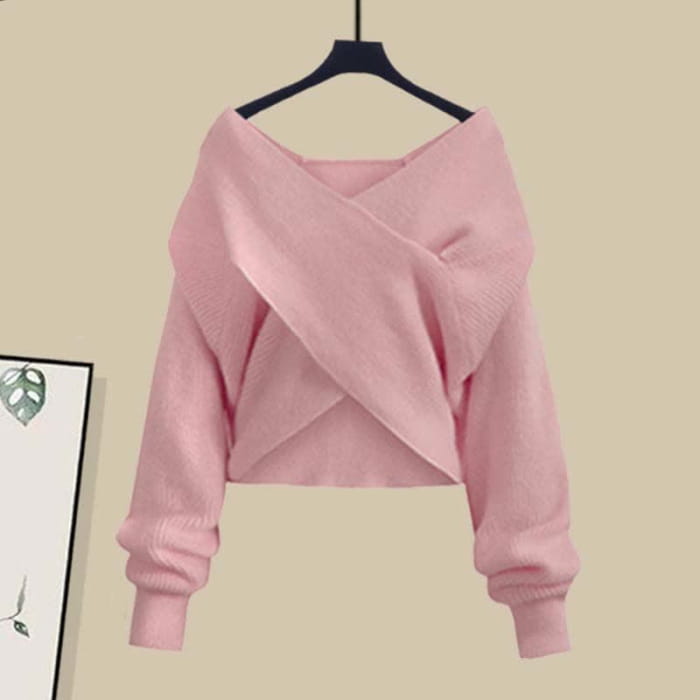 Sweet Cross Knit Sweater Lapel Shirt Irregular Skirt Set