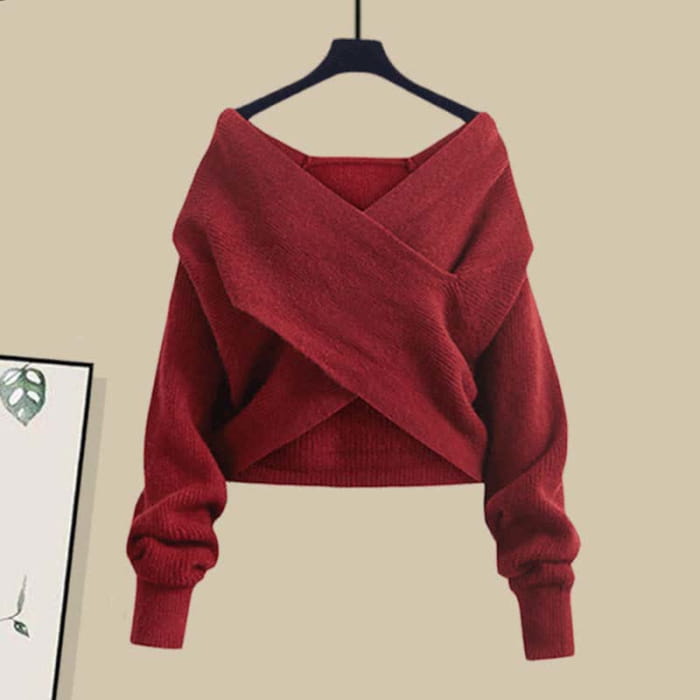 Sweet Cross Knit Sweater Lapel Shirt Irregular Skirt Set
