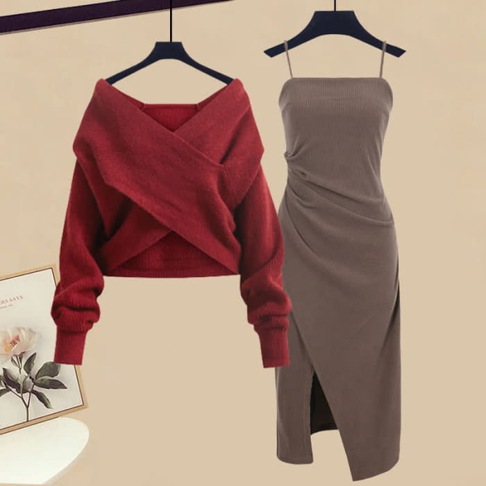 Sweet Cross Knit Sweater Ruffled Split Slip Dress