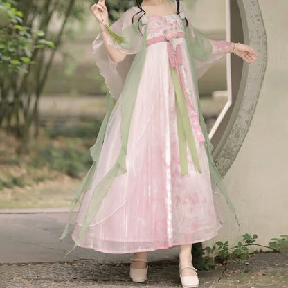 Sweet Floral Decor Mesh Dress Hanfu Costume