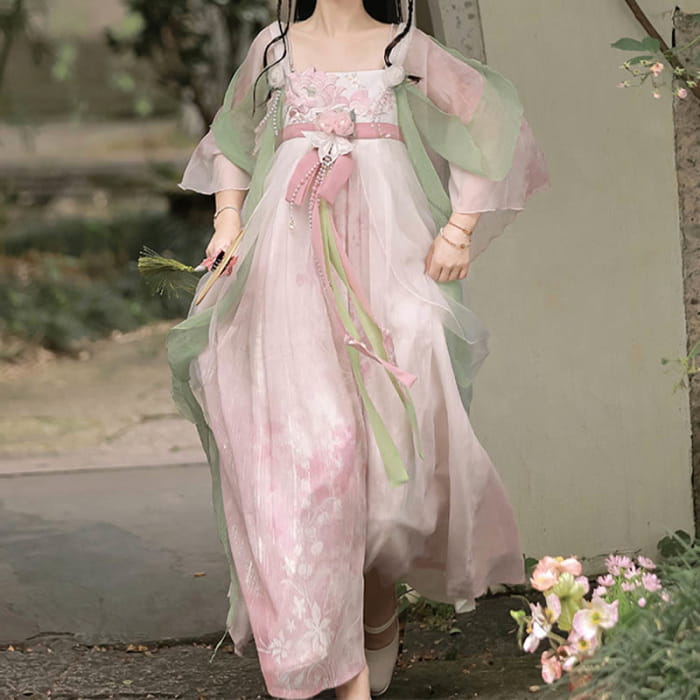 Sweet Floral Decor Mesh Dress Hanfu Costume