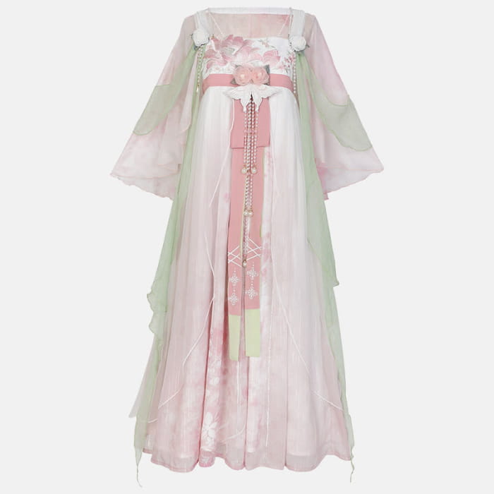 Sweet Floral Decor Mesh Dress Hanfu Costume - Pink / S
