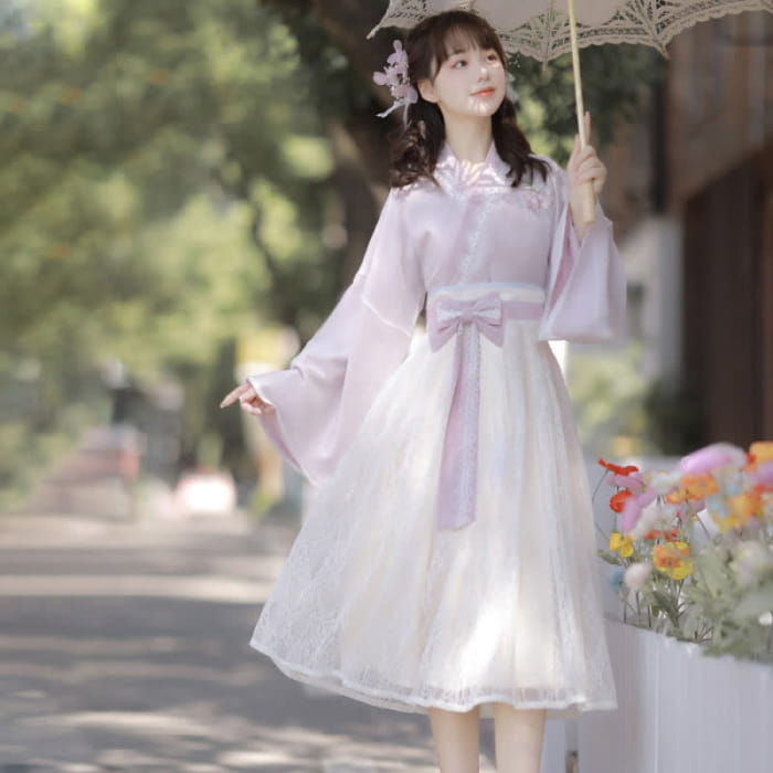 Sweet Floral Embroidery V-neck Bow Decor Dress