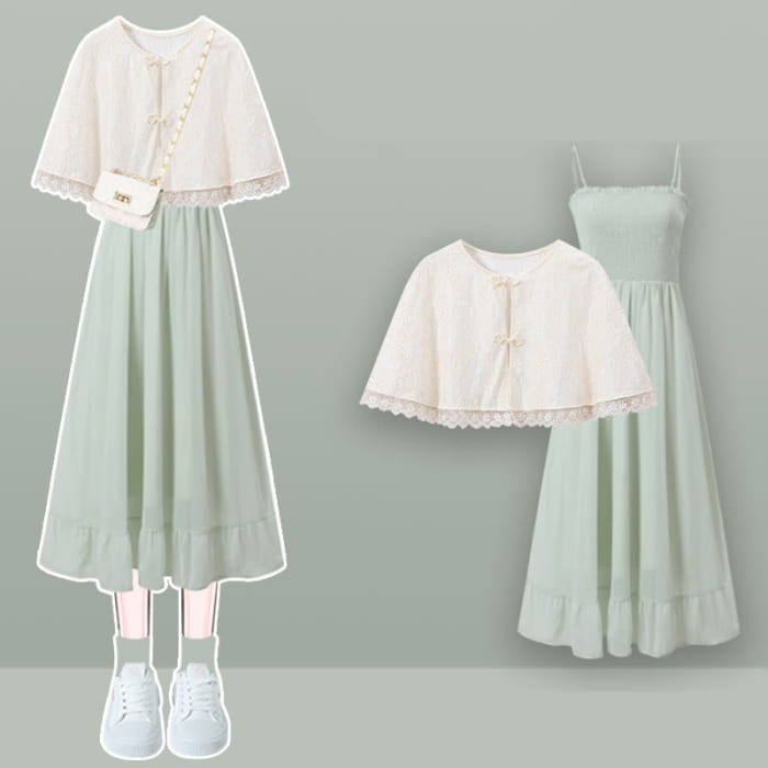 Sweet Floral Lace Top Green Slip Dress - Set / M