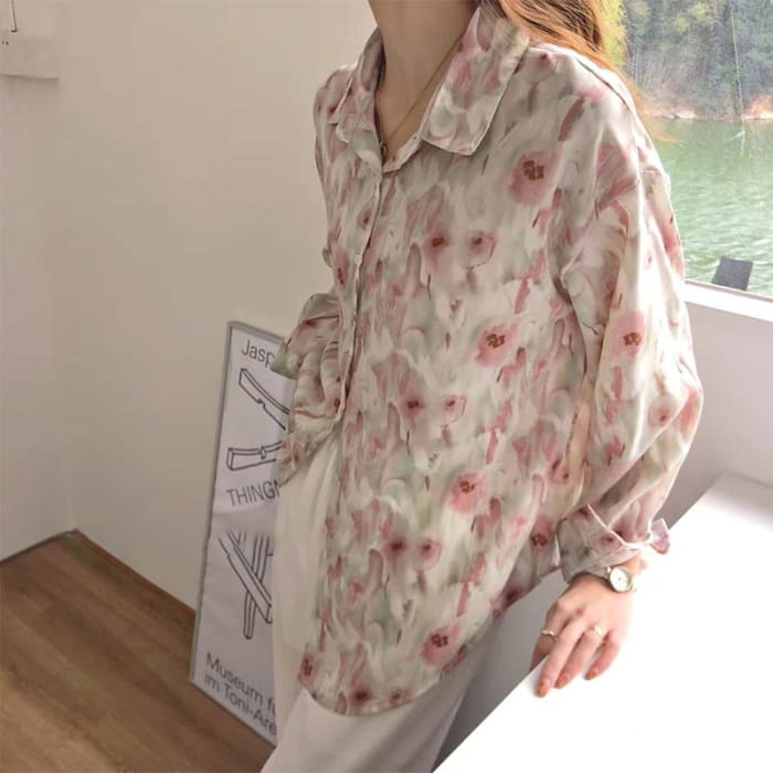 Sweet Floral Print Casual Lapel Shirt