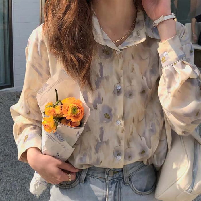 Sweet Floral Print Casual Lapel Shirt