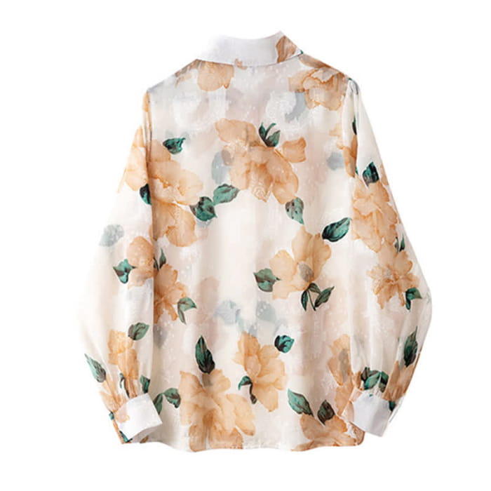 Sweet Floral Puff Sleeve Lapel Chiffon Shirt