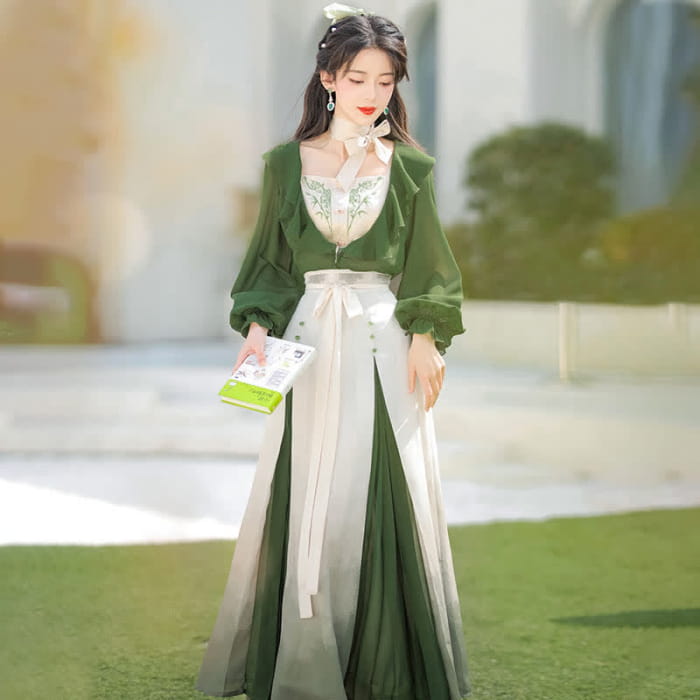Sweet Green Bamboo Embroidery Cardigan Cami Top Skirt