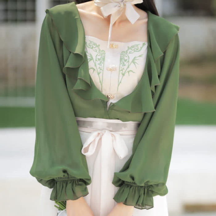 Sweet Green Bamboo Embroidery Cardigan Cami Top Skirt