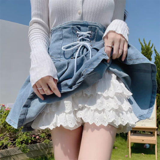 Sweet High Waist Lace Undershorts Lace-up Denim Skirt