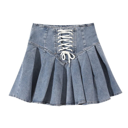 Sweet High Waist Lace Undershorts Lace-up Denim Skirt - S