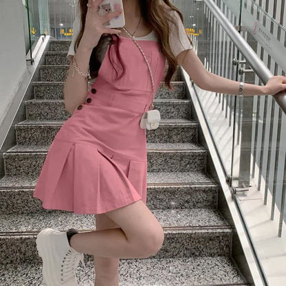 Sweet Irregular Shirt Pink Suspender Skirt