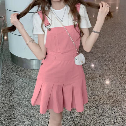 Sweet Irregular Shirt Pink Suspender Skirt