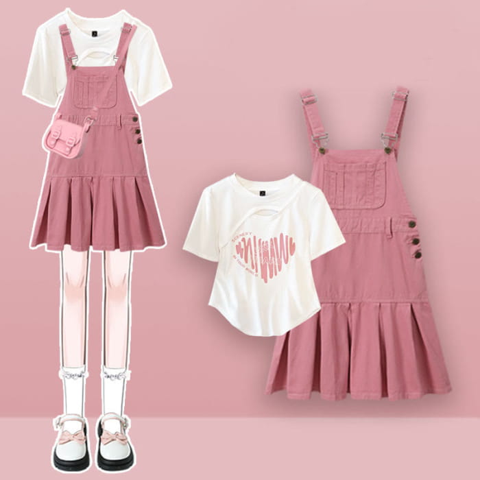 Sweet Irregular Shirt Pink Suspender Skirt - Set / M