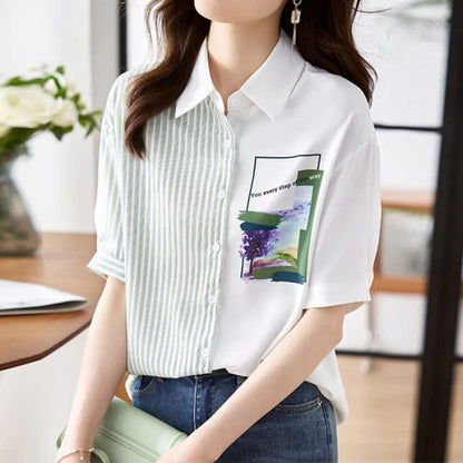 Sweet Irregular Stripe Chiffon Lapel Shirt