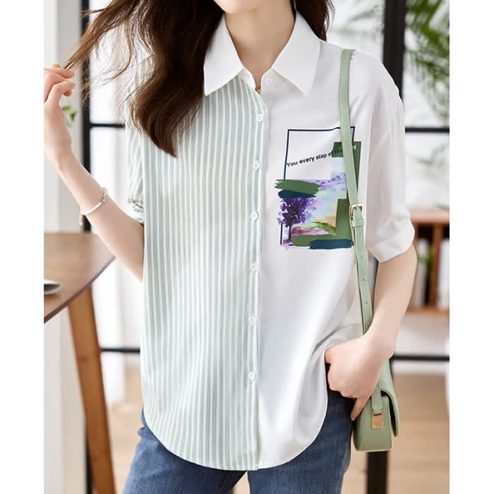 Sweet Irregular Stripe Chiffon Lapel Shirt