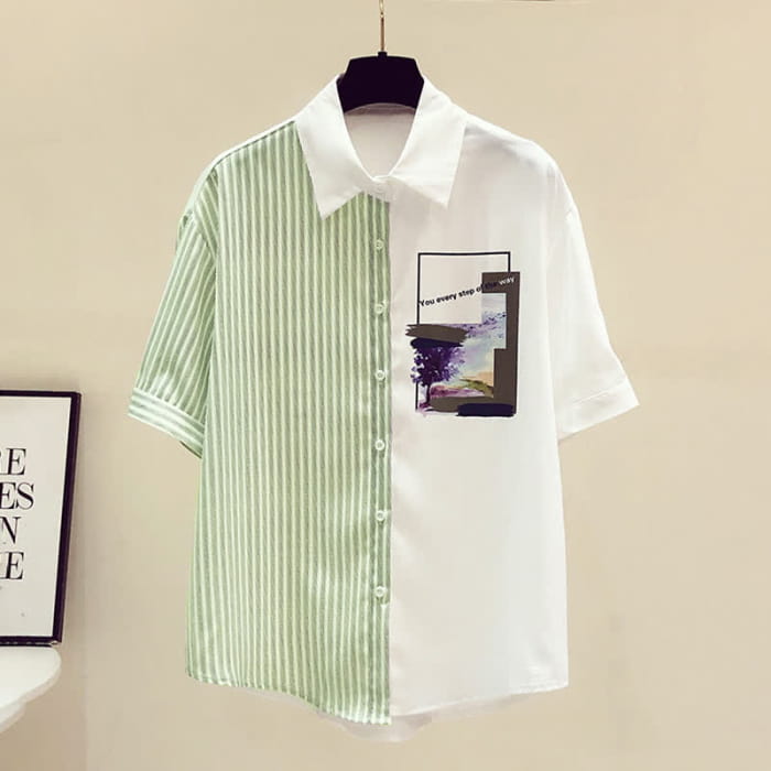Sweet Irregular Stripe Chiffon Lapel Shirt - Green / S