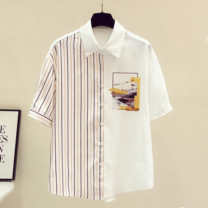 Sweet Irregular Stripe Chiffon Lapel Shirt - Yellow / S
