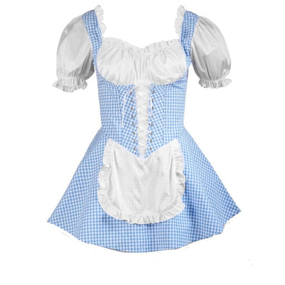 Sweet Kawaii Lattice Print Lace Up Maid Dress - Blue / M