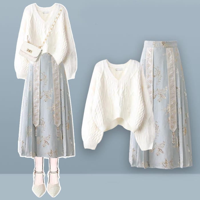 Sweet Knit Sweater Vintage Embroidery Pleated Skirt - Set