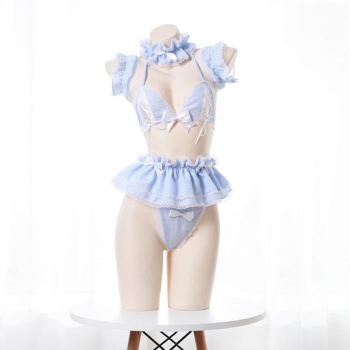 Sweet Lace Bow Knot Plaid Maid Bikini Lingerie Set - Blue