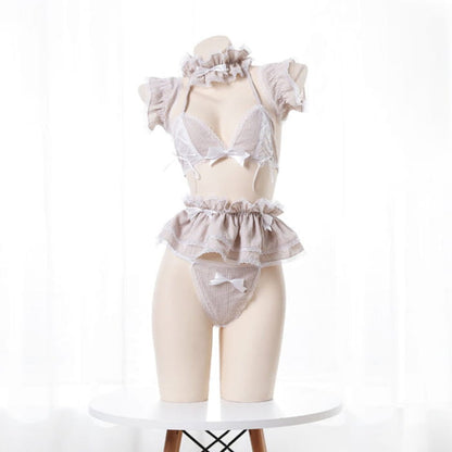 Sweet Lace Bow Knot Plaid Maid Bikini Lingerie Set - Coffee