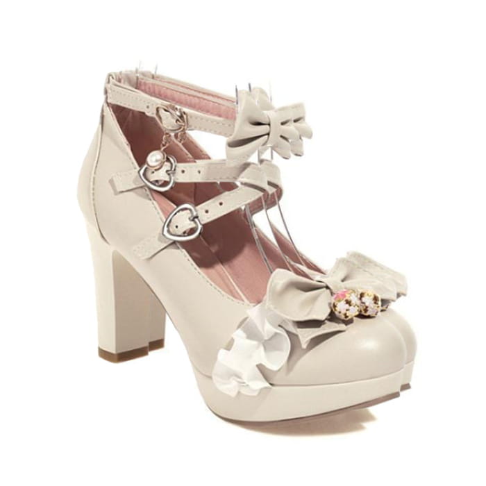 Sweet Lace Bow Lolita Mary Janes Shoes - Beige / 35