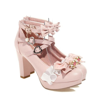 Sweet Lace Bow Lolita Mary Janes Shoes - Pink / 35