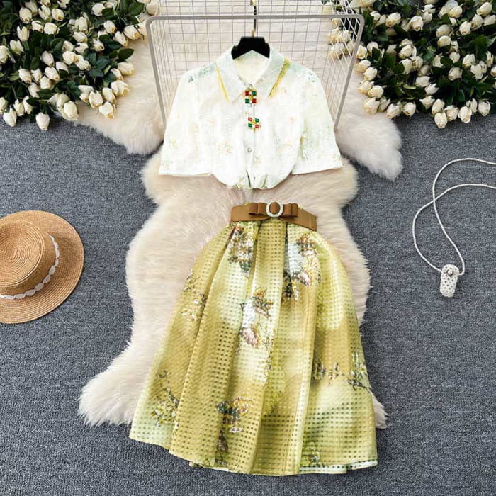 Sweet Lace Lapel Shirt Floral Embroidery Skirt Set