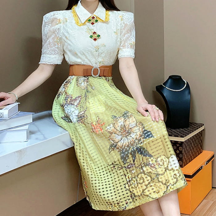 Sweet Lace Lapel Shirt Floral Embroidery Skirt Set - M