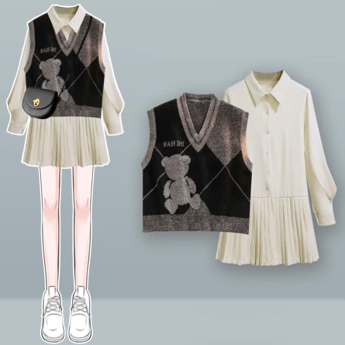 Sweet Lapel Pleated Shirt Dress Colorblock Bear Print Vest