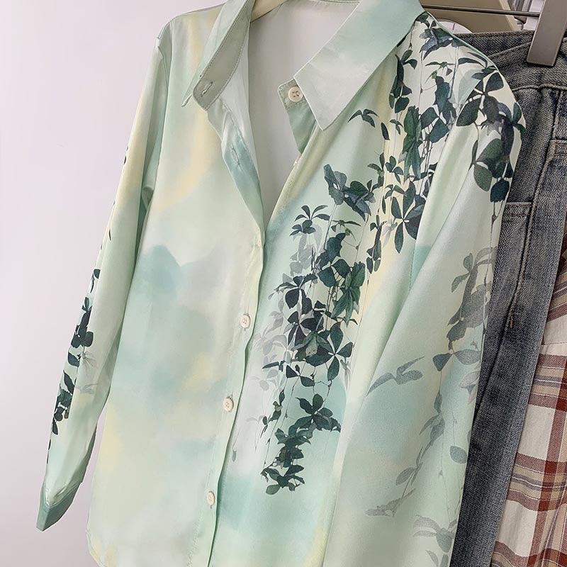 Sweet Leaf Print Long Sleeve Button Shirt