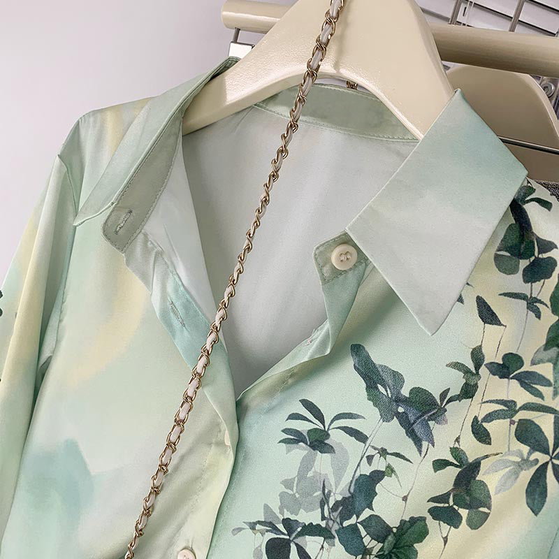 Sweet Leaf Print Long Sleeve Button Shirt