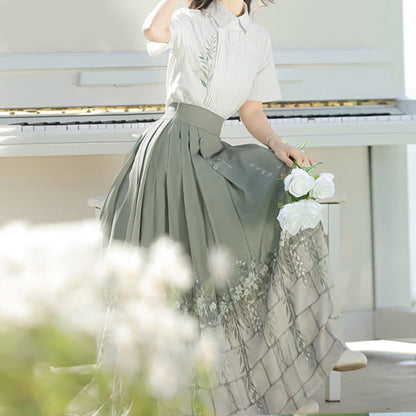 Sweet Leaf Print Shirt Flower Skirt