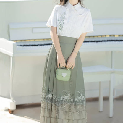 Sweet Leaf Print Shirt Flower Skirt