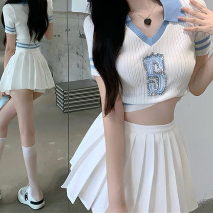 Sweet Letter Print Colorblock T-Shirt Pleated Skirt