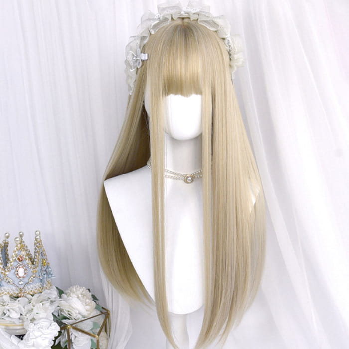 Sweet Long Straight Flower Ball Wig With Neat Bangs - Beige