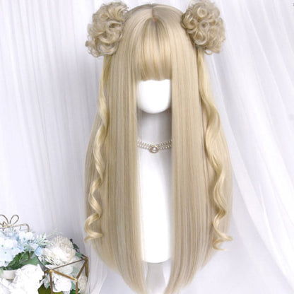 Sweet Long Straight Flower Ball Wig With Neat Bangs - Beige