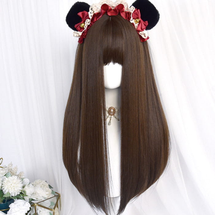 Sweet Long Straight Flower Ball Wig With Neat Bangs - Brown