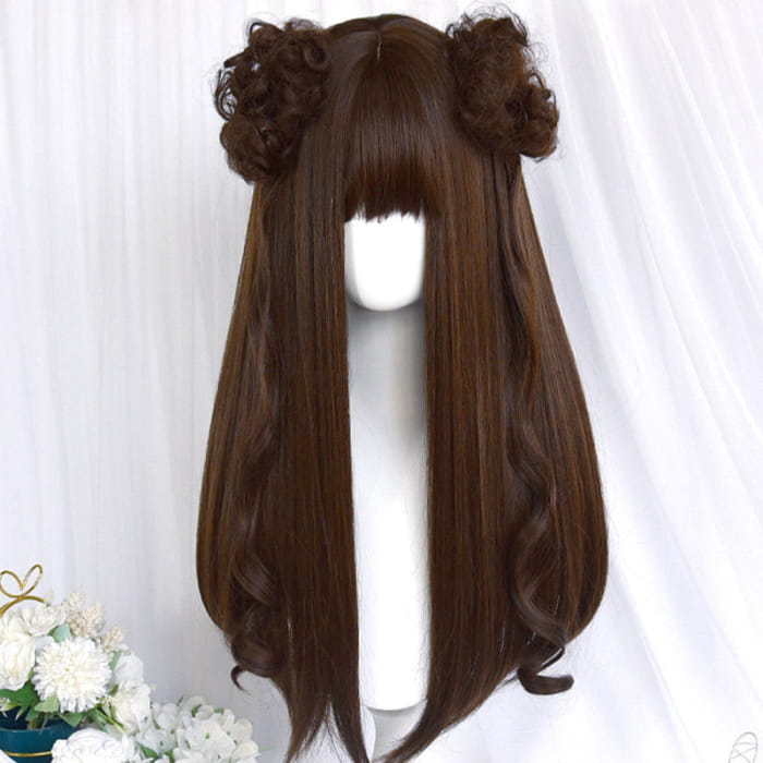 Sweet Long Straight Flower Ball Wig With Neat Bangs - Brown